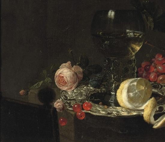 simon luttichuys A 'Roemer' with white wine, a partially peeled lemon, cherries and other fruit on a silver plate with a rose and grapes on a stone ledge